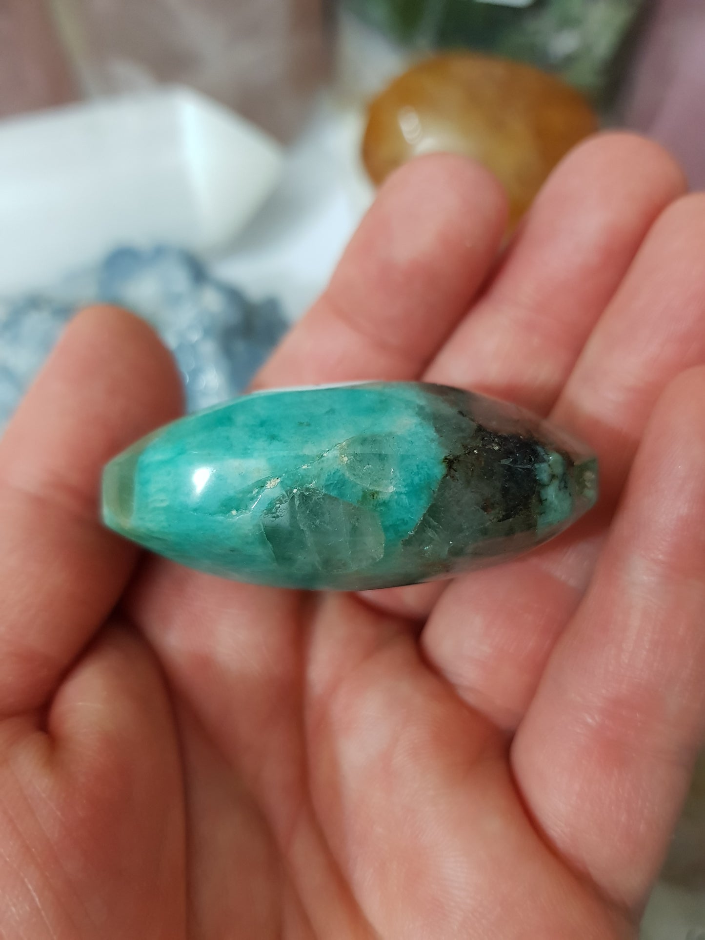 Amazonite with Smoky Quartz Crystal Palmstone - ASP1