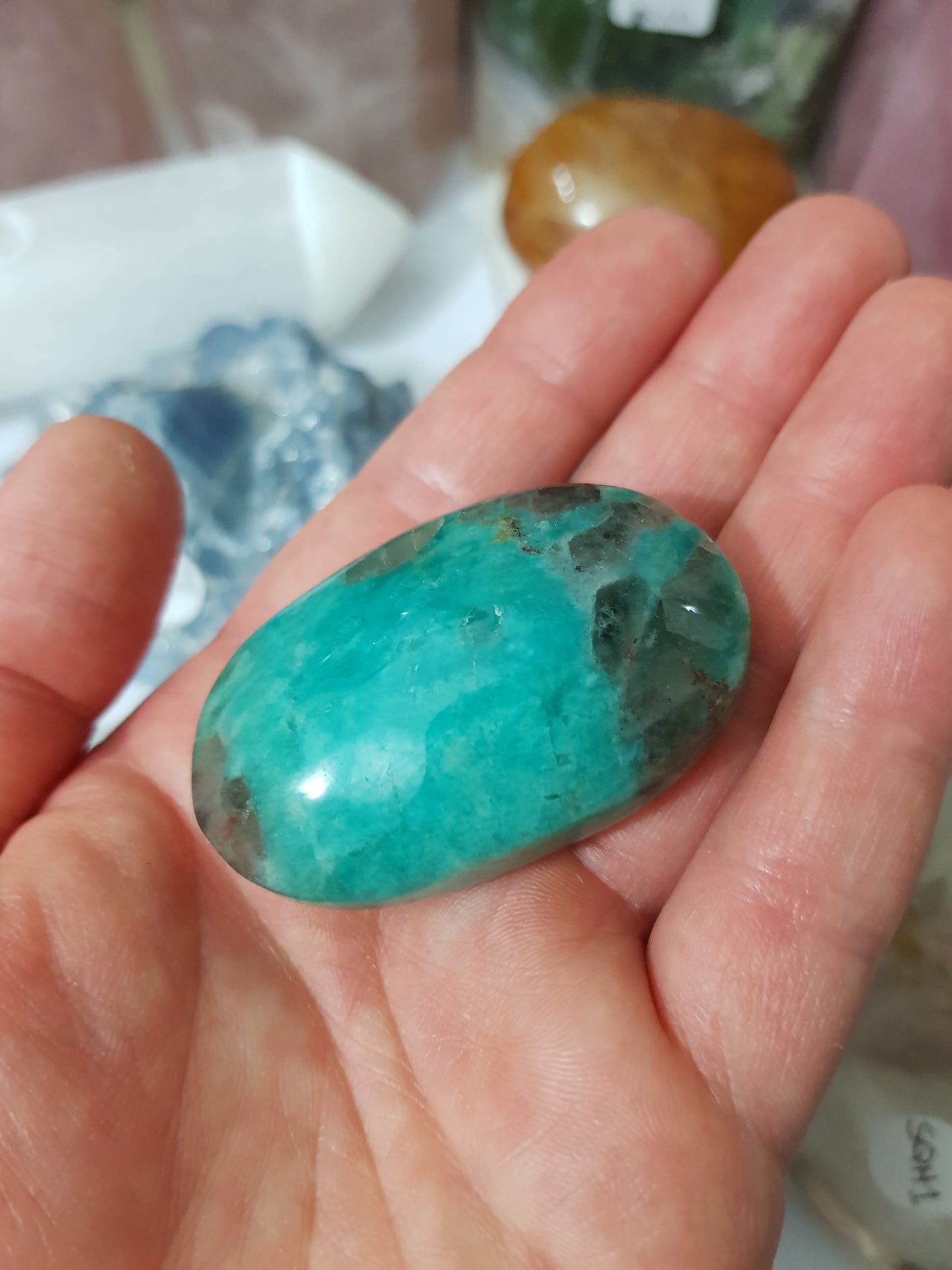 Amazonite with Smoky Quartz Crystal Palmstone - ASP1