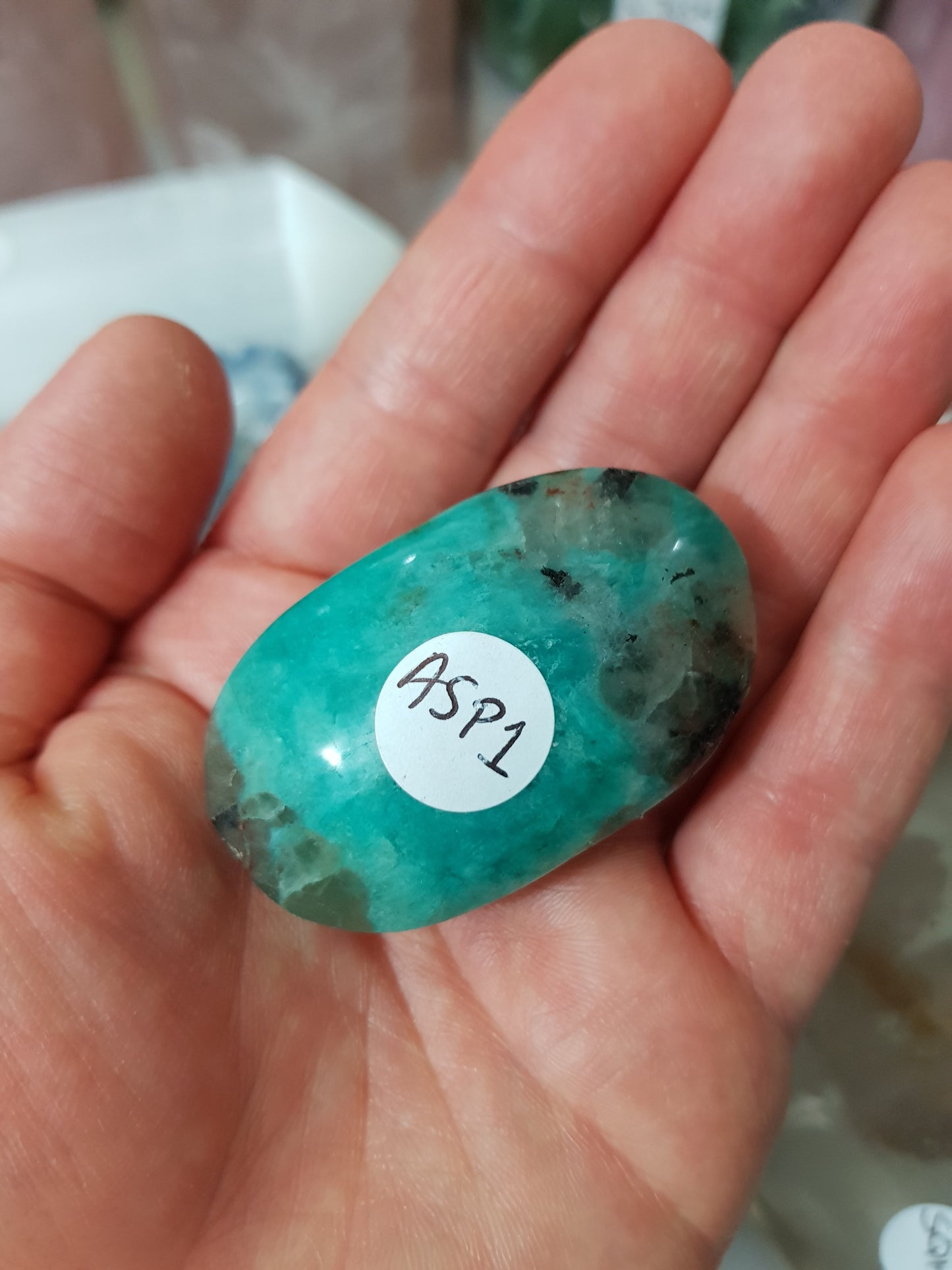 Amazonite with Smoky Quartz Crystal Palmstone - ASP1