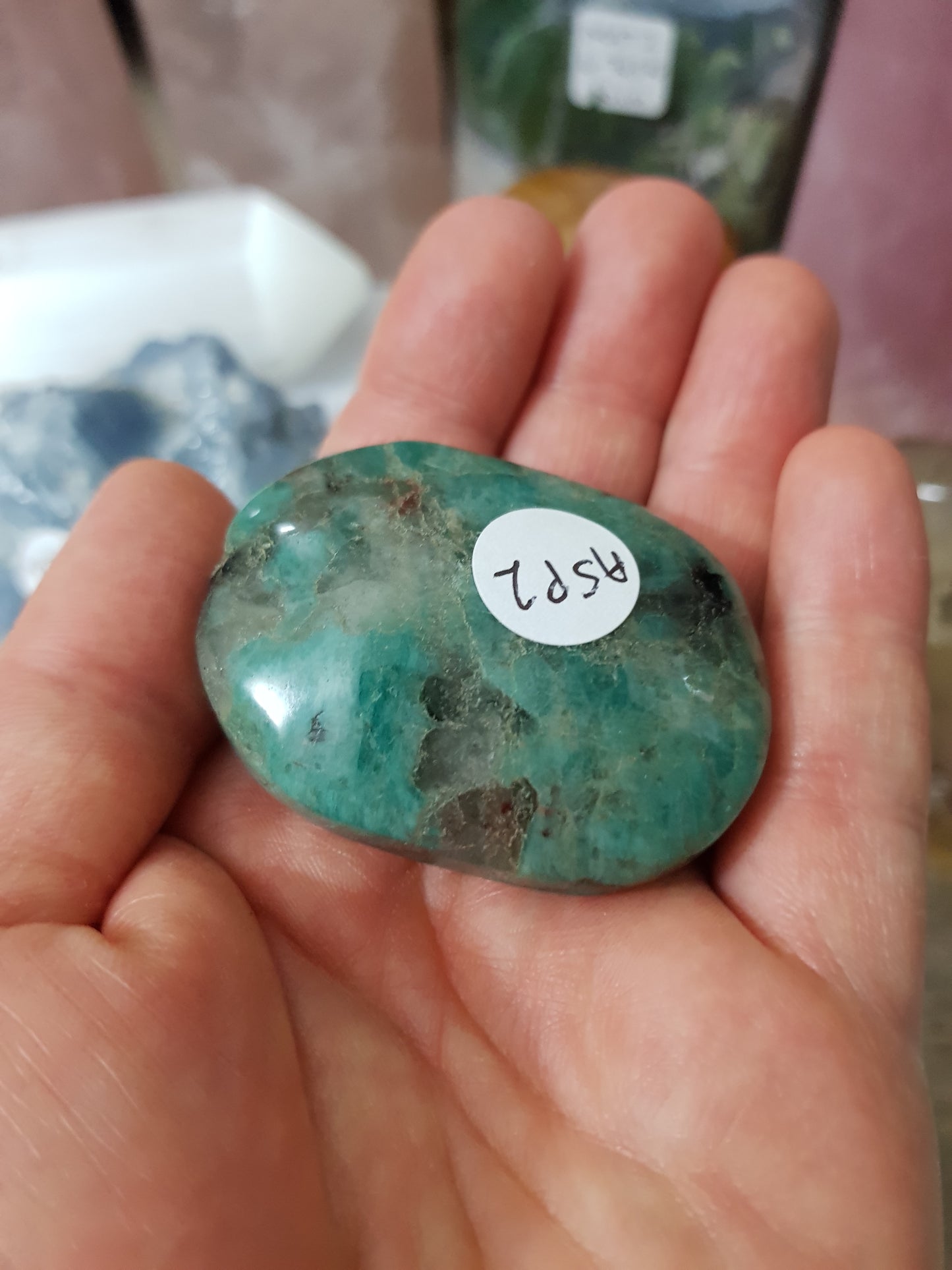 Amazonite with Smoky Quartz Crystal Palmstone - ASP2