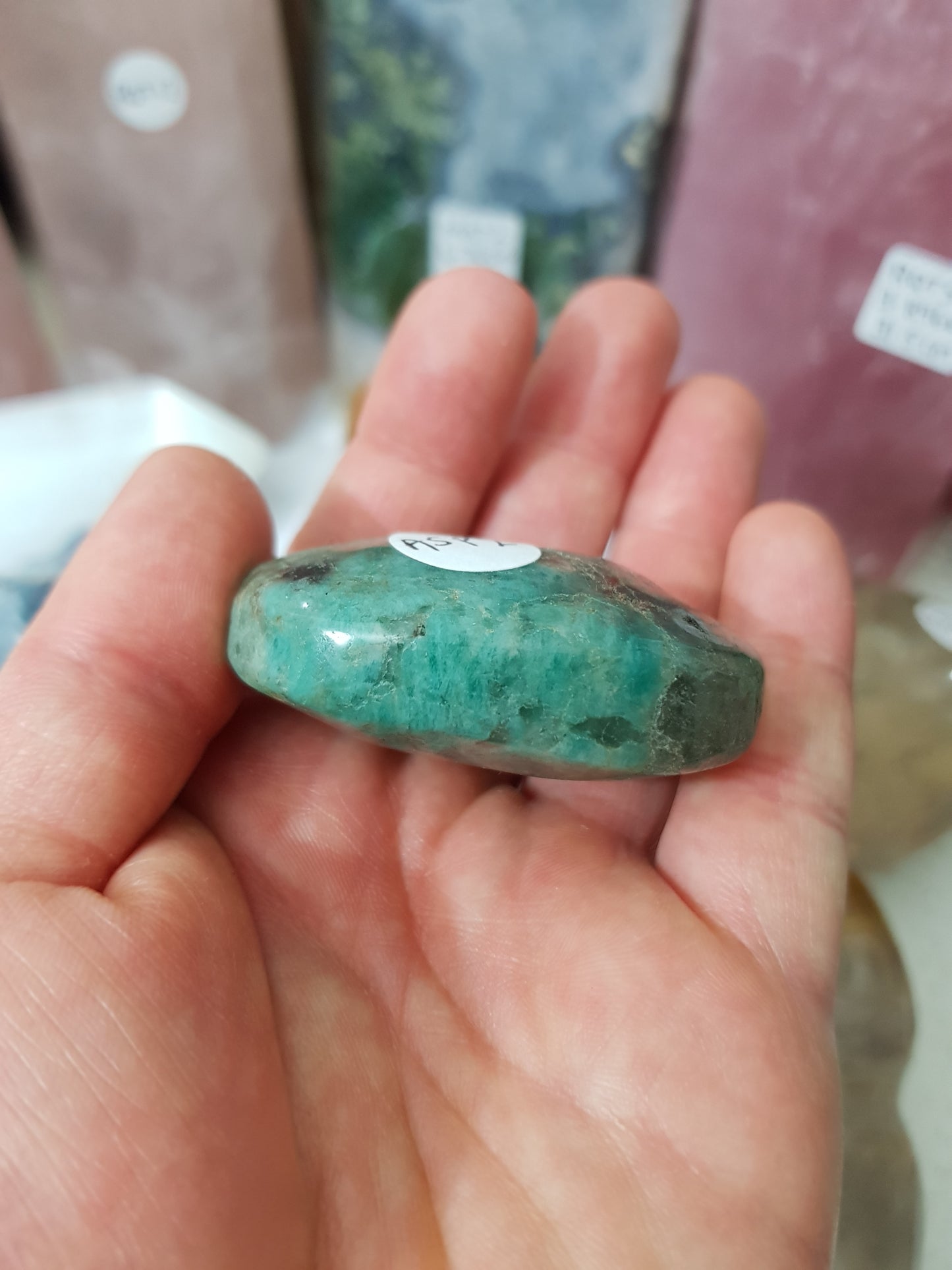 Amazonite with Smoky Quartz Crystal Palmstone - ASP2