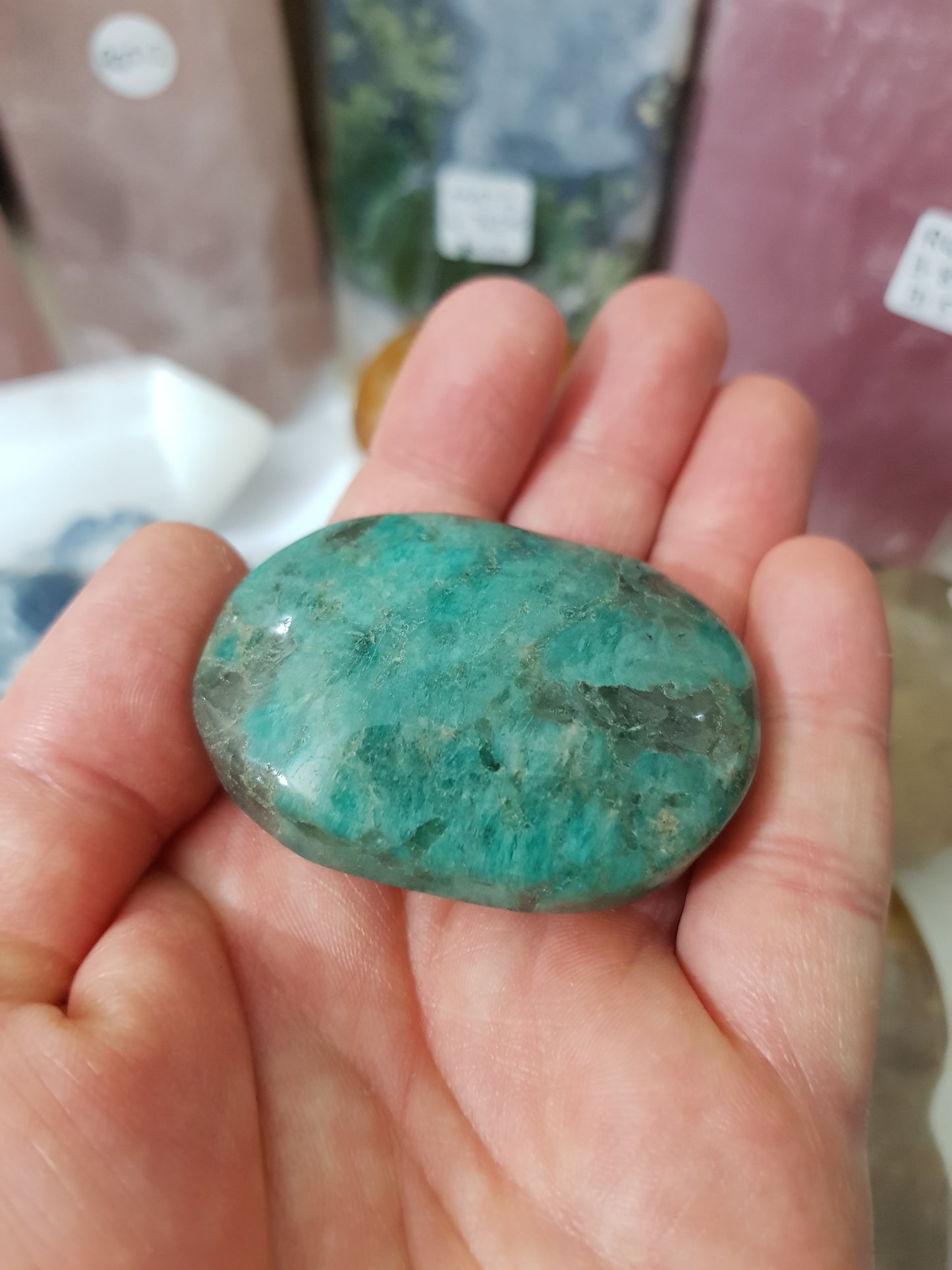 Amazonite with Smoky Quartz Crystal Palmstone - ASP2