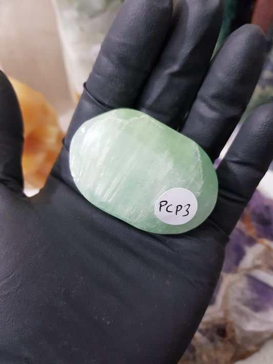 Pistachio Calcite Crystal Palmstone – PCP3