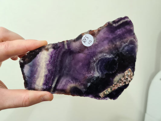 A hand holding a Rainbow Fluorite crystal slice that is approximately 14 centimetres by 9 centimetres in size