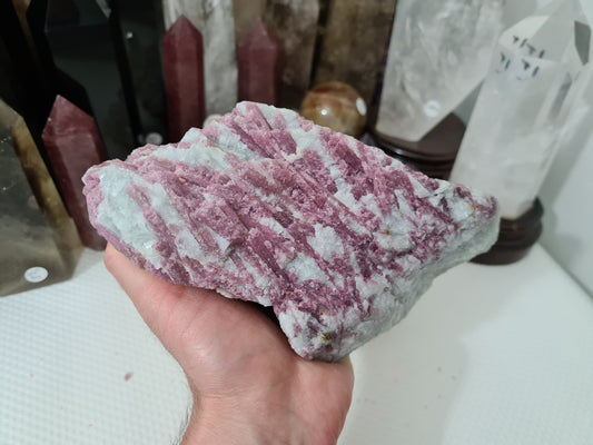 A hand holding a large natural Pink Tourmaline crystal that is approximately 20cm by 10cm in size